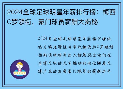 2024全球足球明星年薪排行榜：梅西C罗领衔，豪门球员薪酬大揭秘